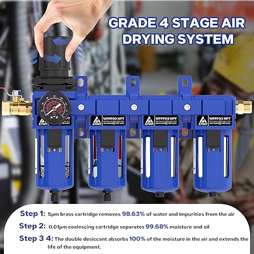 3/8 Inch NPT 4 Stage Air Drying System,Brass Filter, Coalescing Filter,Double Desiccant Dryers & Air Regulator,Metal Bowl, Semi-Auto Drain,Industrial Grade(Blue)
