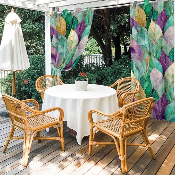 Leaves Outdoor Curtains for Patio Gorgeous Leaf Abstract Spring Waterproof Outside Curtains with Grommet Top Weatherproof Curtain for Cabana Pergola Gazebo, 2 Pack, 54" W x 108" L