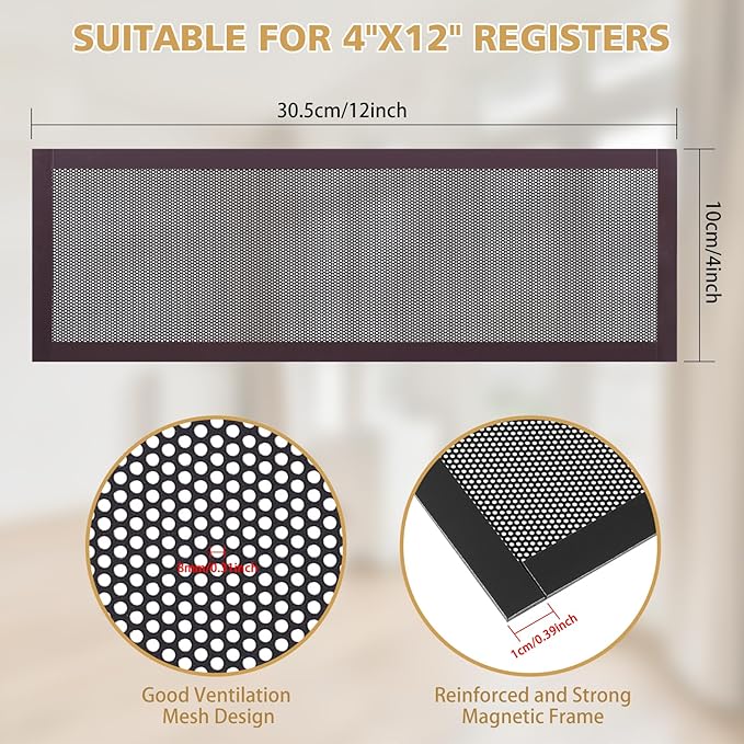 6 Pack Strong Magnetic Floor Vent Cover - PVC Mesh Register for Wall Ceiling Floor Catch Debris Hair Insect (Black, 4 x 12 Inch)