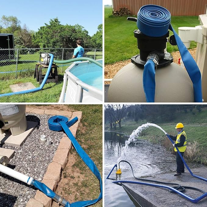 Eastrans 1-1/4''x100ft Blue PVC Lay-Flat Backwash Hose for Swimming Pools, Heavy Duty Discharge Hose Reinforced Pool Drain Hose, Weather Resistant Ideal for Water Transferring