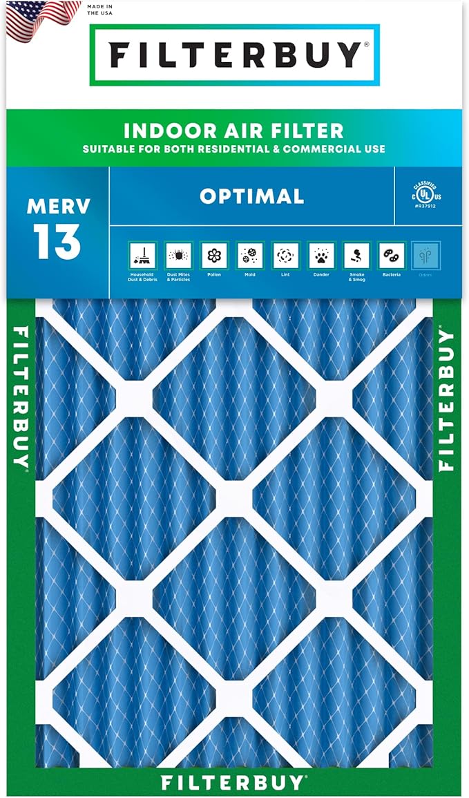 Filterbuy 18x30x2 Air Filter MERV 13 Optimal Smoke & Allergy Defense (1-Pack), Electrostatic Pleated HVAC AC Furnace Filters Replacement, Made in USA (Actual Size: 17.50 x 29.50 x 1.75)