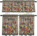 Kitchen Curtains Tiers and Valance Set of 3, Spring Flowers Light Filtering Window Curtain Set, Farmhouse Vintage Black Plaid Wood Grain Rod Pocket Curtain Drapes for Living Room, 36 Inches Tiers
