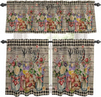 Kitchen Curtains Tiers and Valance Set of 3, Spring Flowers Light Filtering Window Curtain Set, Farmhouse Vintage Black Plaid Wood Grain Rod Pocket Curtain Drapes for Living Room, 24 Inches Tiers