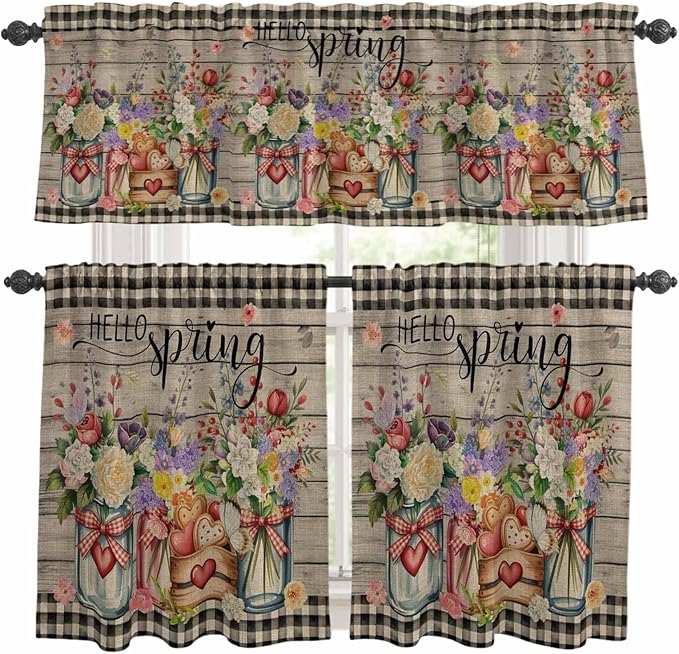 Spring Flowers Kitchen Curtains Set 3 Piece for Windows, Rod Pocket Valance and Tier Set 24 Inch Length, Farmhouse Vintage Black Plaid Wood Grain Light Filtering Cafe Curtains for Living Room Bathroom