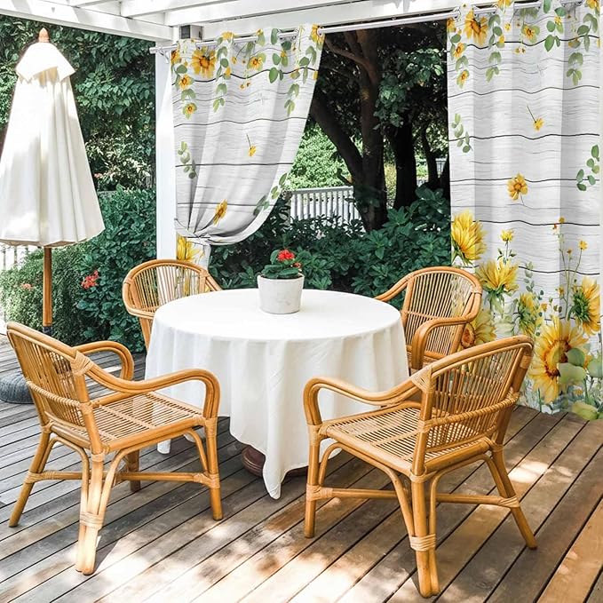 Sunflowers Outdoor Curtains for Patio Summer Floral Eucalyptus Leaf Wood Plank Waterproof Outside Curtains with Grommet Top Weatherproof Curtain for Cabana Pergola Gazebo, 2 Pack, 54" W x 108" L