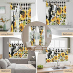 Retro Sunflowers Living Room Curtains 84 Inch Length, Window Curtains Tab Top, Farmhouse Floral Cow Butterfly Black Plaid Light Filtering Window Treatments Drapes 52"x84" 2 Panel