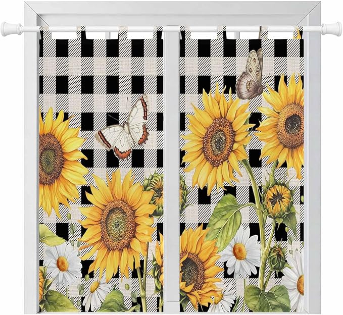 Sunflowers Bathroom Curtains 63 Inch Length, Window Curtains Tab Top, Yellow Flowers Butterfly Farmhouse Black Plaid Light Filtering Window Treatments Drapes 52"x63" 2 Panel
