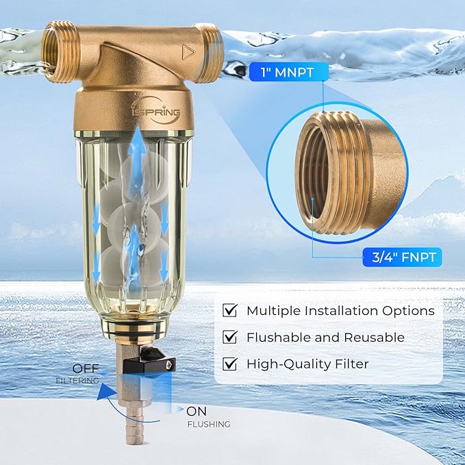 iSpring WSP-50SL Reusable Whole House Spin Down Sediment Water Filter Softener, Includes Siliphos Helps Prevent Scale and Corrosion, 1" MNPT + 3/4" FNPT, 50 Micron