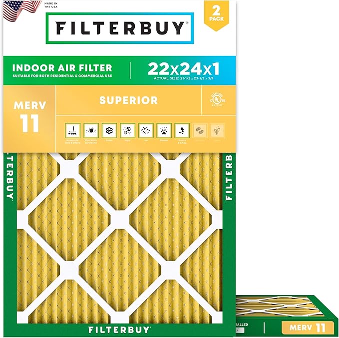 Filterbuy 22x24x1 Air Filter MERV 11 Superior Pet & Allergy Defense (2-Pack), Electrostatic Pleated HVAC AC Furnace Filters Replacement, Made in USA (Actual Size: 21.50 x 23.50 x 0.75)