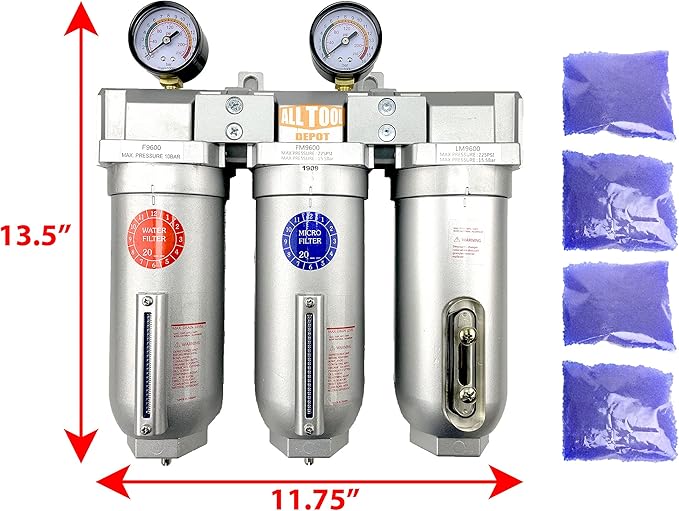 1" NPT SUPER DUTY Industrial Grade 3 Stages Filter Coalescing Desiccant Dryer System For Compressed Air Lines, Metal Bowls, Great For Paint Spray And Plasma Cutter (MANUAL DRAIN)