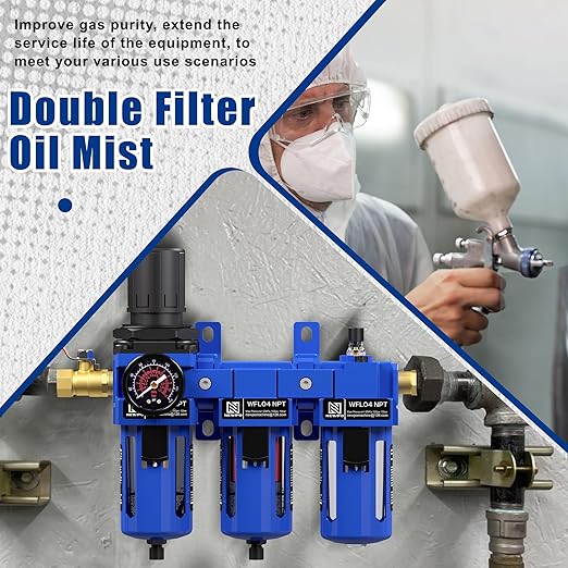 NEWPO 1/2'' NPT Compressed Air Filter Regulator Lubricator Combo with Pressure Gauge,Brass Filter and Coalescing Filter,Semi-Auto Drain, Metal Bracket-Blue