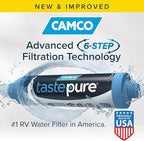 Camco Tastepure XL RV Water Filter - Reliable RV Inline Water Filter with Flexible Hose Protector - GAC & KDF Water Filtration - Made in USA - Camping Essentials for Fresh Drinking Water (40019)