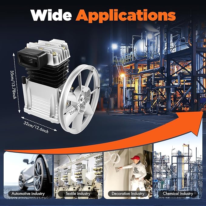 Air Compressor Pump Head, 2HP Air Compressor Pump-Head, 1500W Portable 52.83Gal/Min 10.24in Pulley Outer Diameter Aluminum Painting Twin Cylinder W/oil drain plug, Air Filter Muffler
