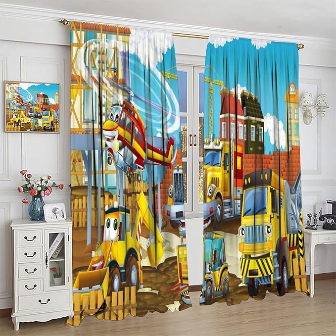 Kids Cartoon Construction Window Curtains, Funny Construction Site Cars and Helicopter Rod Pocket Decorative Windows Curtain for Children Teens Room Decor 63x72in (30% Blackout)