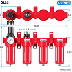 TAILONZ PNEUMATIC 0-150PSI 1/2 Inch NPT Red Industrial Grade 4 Stage Air Drying System, Particulate Filter, Coalescing Filter, Double Desiccant Dryer and Air Regulator (Manual Drainage)