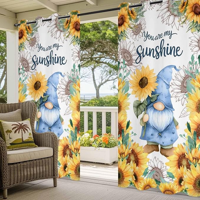 Summer Outdoor Curtains for Patio Sunflowers Gnome Eucalyptus Leaves Waterproof Outside Curtains with Grommet Top Weatherproof Curtain for Cabana Pergola Gazebo, 1 Panel, 54" W x 108" L