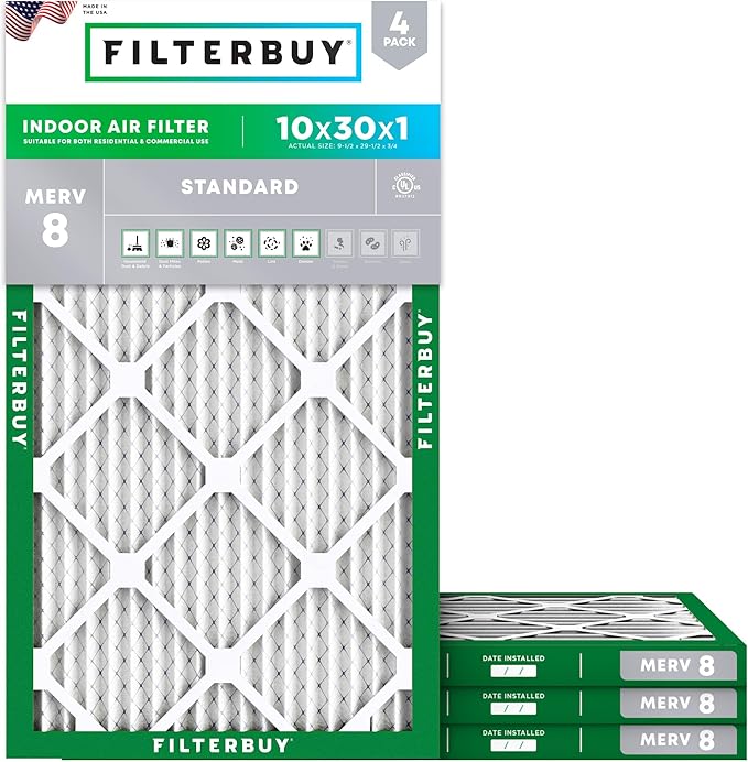 Filterbuy 10x30x1 Air Filter MERV 8 Essential Dust & Allergy Defense (4-Pack), Electrostatic Pleated HVAC AC Furnace Filters Replacement, Made in USA (Actual Size: 9.50 x 29.50 x 0.75)