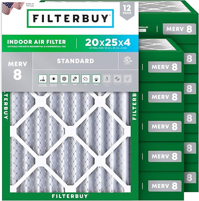 Filterbuy 20x25x4 Air Filter MERV 8 Essential Dust & Allergy Defense (12-Pack), Electrostatic Pleated HVAC AC Furnace Filters Replacement, Made in USA (Actual Size: 19.50 x 24.50 x 3.63)