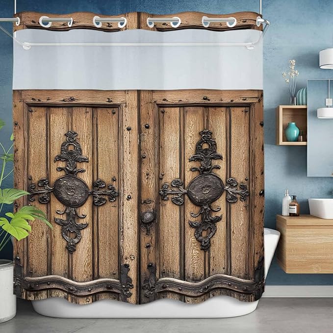 Wood Barn Door No Hook Shower Curtain with Snap in Liner Set, Waterproof Shower Curtains for Bathroom, Wooden Plank Fabric Shower Curtain, See Through Mesh Top Window, 66" W x 72" L