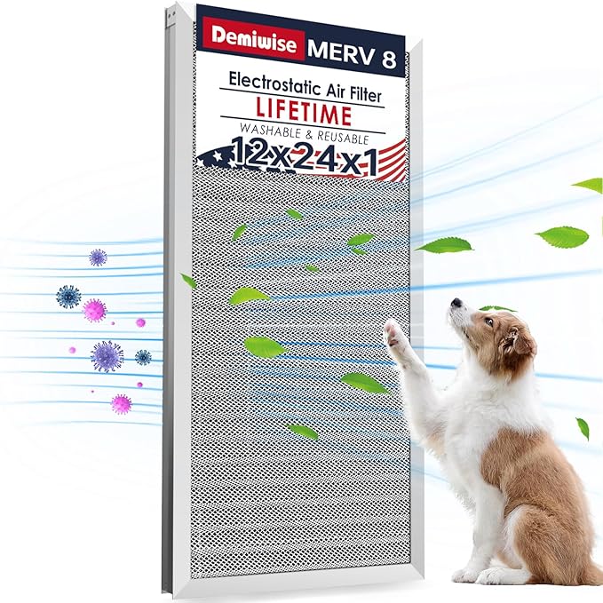 12x24x1 Electrostatic Air Filter, MERV 8 Reusable Aluminum AC/HVAC Furnace Filter,Washable Lifetime Permanent Air Filter,Easy to Clean,Increases Airflow(Actual Size:11.38x23.38x0.82)