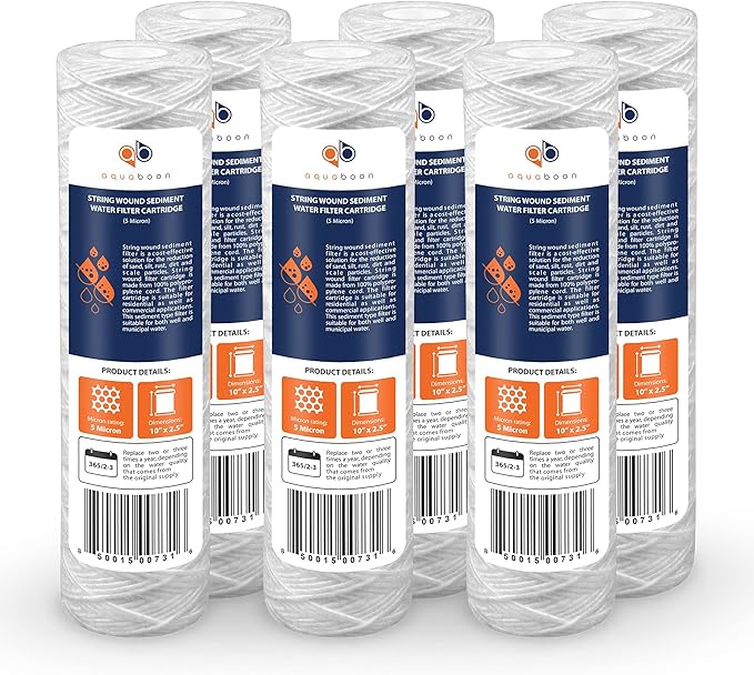 Aquaboon Whole House 5 Micron 10 x 2.5 String Wound Sediment Water Filter Cartridge Replacement Compatible with Well Water Filter WHKF-WHSW, 6-Pack