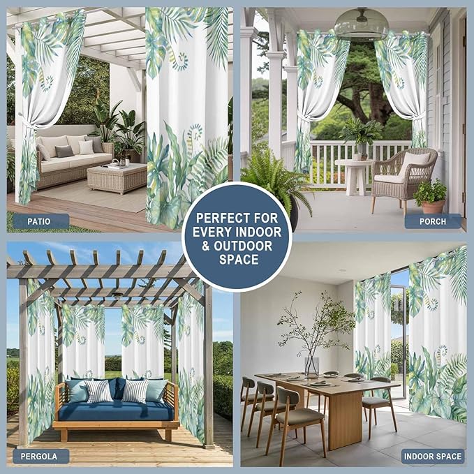 Leaves Outdoor Curtains for Patio Green Leaf Tropical Plants Farmhouse Pastoral Waterproof Outside Curtains with Grommet Top Weatherproof Curtain for Cabana Pergola Gazebo, 2 Pack, 54" W x 84" L