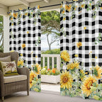 Sunflowers Outdoor Curtains for Patio Summer Floral Eucalyptus Leaf Buffalo Check Waterproof Outside Curtains with Grommet Top Weatherproof Curtain for Cabana Pergola Gazebo, 2 Pack, 54" W x 108" L