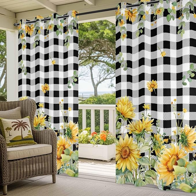 Sunflowers Outdoor Curtains for Patio Summer Floral Eucalyptus Leaf Buffalo Check Waterproof Outside Curtains with Grommet Top Weatherproof Curtain for Cabana Pergola Gazebo, 2 Pack, 54" W x 95" L