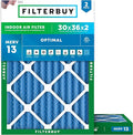 Filterbuy 30x36x2 Air Filter MERV 13 Optimal Smoke & Allergy Defense (2-Pack), Electrostatic Pleated HVAC AC Furnace Filters Replacement, Made in USA (Actual Size: 29.81 x 35.81 x 1.75)