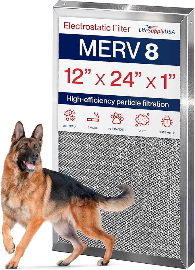 12x24x1 Electrostatic Air Filter, MERV 8, Washable, Reusable Furnace AC/HVAC Filter, Energy Saving, Easy to Clean, Long-Lasting by LifeSupplyUSA