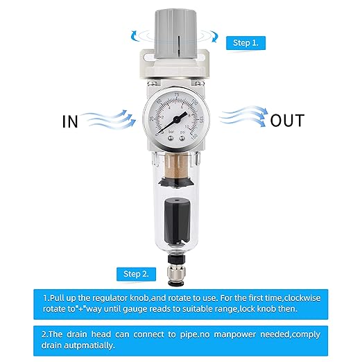 NANPU 1/4" NPT Compressed Air Filter Regulator Combo Piggyback, Auto Drain, 5 Micron Brass Element, Poly Bowl, Metal Bracket, 0-150 psi Gauge