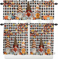 Thanksgiving Gnomes Kitchen Curtain Set, Fallen Maple Leaf Pumpkin Black Plaid Window Valance and Tiers 36" Length, Light Filtering Short Curtains Valance for Cafe Bathroom Bedroom 54"x18"