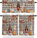 Thanksgiving Gnomes Kitchen Curtain Set, Fallen Maple Leaf Pumpkin Black Plaid Window Valance and Tiers 36" Length, Light Filtering Short Curtains Valance for Cafe Bathroom Bedroom 54"x18"