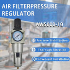 HengMinLingTong 1" NPT Compressed Air Filter Regulator Combo Piggyback, 5 Micron Brass Element, Poly Bowl, Semi-Auto Drain, Metal Bracket, 0-150 psi AW5000-10