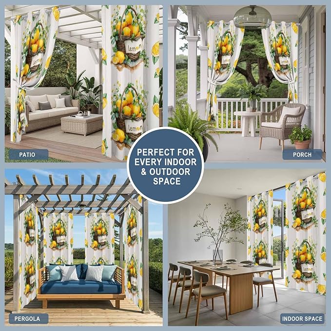 Lemon Outdoor Curtains for Patio Lemons Baskets Summer Tropical Plant Wood Waterproof Outside Curtains with Grommet Top Weatherproof Curtain for Cabana Pergola Gazebo, 1 Panel, 54" W x 84" L