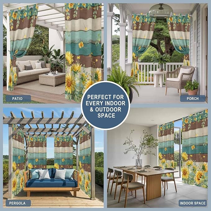 Sunflowers Outdoor Curtains for Patio Summer Floral Eucalyptus Leaves Vintage Wood Waterproof Outside Curtains with Grommet Top Weatherproof Curtain for Cabana Pergola Gazebo, 1 Panel, 54" W x 95" L