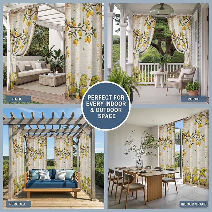 Summer Gnome Outdoor Curtains for Patio Gnome Lemon Leaf Vintage Waterproof Outside Curtains with Grommet Top Weatherproof Curtain for Cabana Pergola Gazebo, 2 Pack, 54" W x 108" L