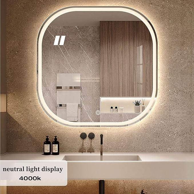 JSLJDM 500X500 mm Illuminated Backlit LED Bathroom Mirror, Wall Mounted Multifunction Bathroom Vanity Mirror with Lights and Demister Pad, Energy-Saving Illuminated Smart Mirror 50cm tricolorlight