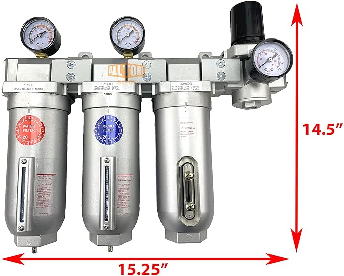 1" NPT SUPER DUTY Industrial Grade 4 Stages Filter Coalescing Desiccant Dryer Regulator System For Compressed Air Lines, Metal Bowls, Great For Paint Spray And Plasma Cutter (MANUAL DRAIN)