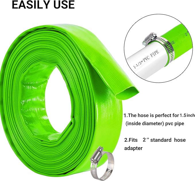 2 inch x 100 FT Pool Backwash Hose, Green Heavy Duty Reinforced PVC Lay Flat Water Discharge Hose for Swimming Pool Filter Pump,with 2 Clamp