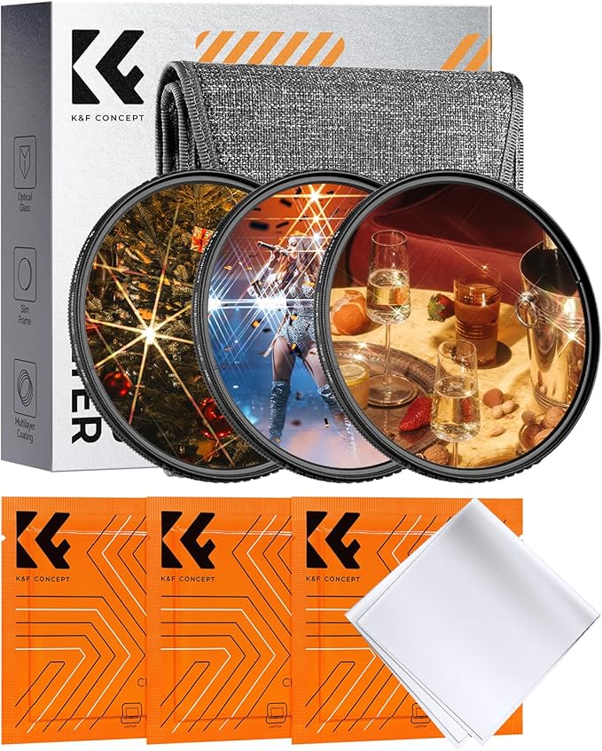 K&F CONCEPT 55mm Star Filters Kit (3pcs) 4 Points 6 Points 8 Points Cross Screen Starburst Filters Set -18 Layer Coating Ultra Slim Optical Glass Camera Lens Filter with 3 Cleaning Cloth