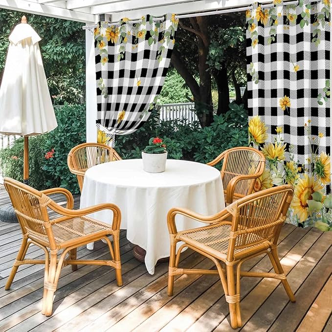 Sunflowers Outdoor Curtains for Patio Summer Floral Eucalyptus Leaf Buffalo Check Waterproof Outside Curtains with Grommet Top Weatherproof Curtain for Cabana Pergola Gazebo, 1 Panel, 54" W x 108" L