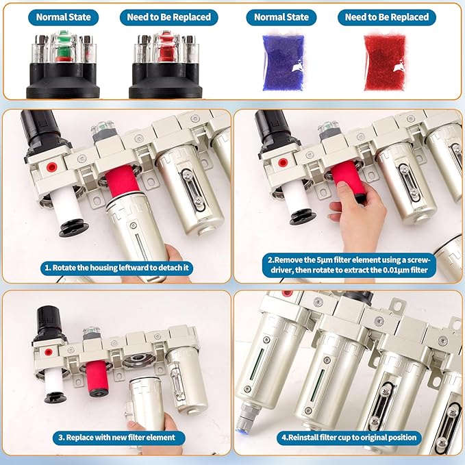 1/2" NPT Industrial Grade 4 Stage Air Compressor Drying System, 0-240 PSI, Particulate & Coalescing Filters, Auto Drain Air Compressor Water Separator System Filter Oil for Paint Spray＆ Plasma Cutter