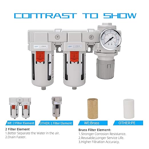 NANPU DFR-03 3/8" NPT Air Drying System - Double Air Filters, Air Pressure Regulator Combo - Semi-Auto Drain, Poly Bowl