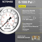 2-1/2" Dial Size, 0-100 Psi Pressure Gauge, Glycerin Liquid Filled, 1/4" NPT Back Mount, Stainless Steel Case, for Water Pump, Pneumatic Air, Well Tank, RV Hose, Gas, Low Pressure Test