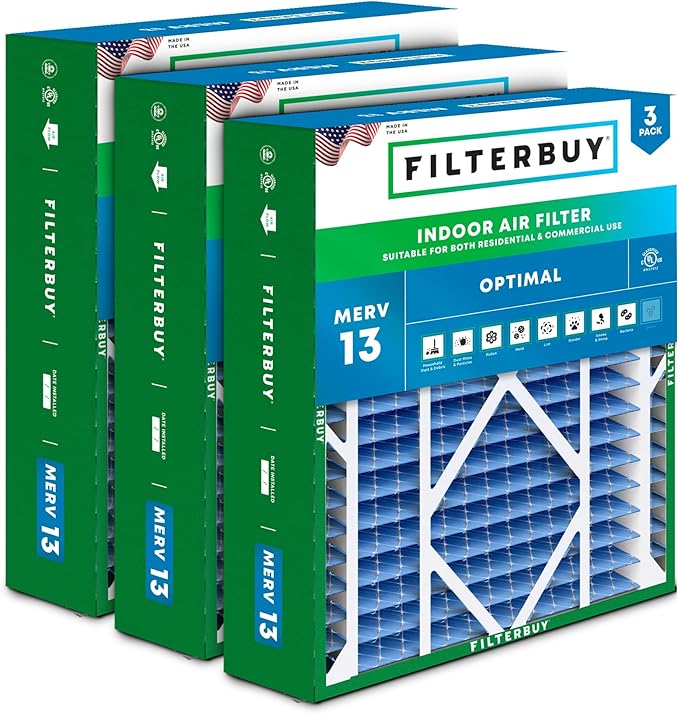 Filterbuy 21x21x5 Air Filter MERV 13 Optimal Smoke & Allergy Defense (3-Pack), Electrostatic Pleated HVAC AC Furnace Filters Replacement for Rheem, Ruud, & Protech (Actual Size: 20.63 x 20.63 x 4.38)