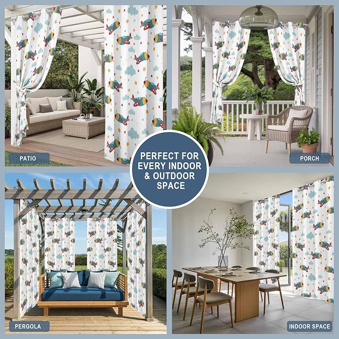 Turquoise Airplane Waterproof Outdoor Curtains for Patio, Windproof Weatherproof Curtains with Weighted Hem, Modern Art Cartoon Aircraft Clouds Light Filtering Privacy Drapes for Porch 54"x 95"