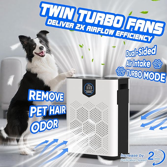 DAYETTE Air Purifier for Home Large Room Up to 3000 Ft² with 2xH14 HEPA Filters, Air Purifiers for Pets Bedroom with Washable PreFilters, 2 TIMES Purification Speed In Turbo Mode for Dust, Hair, Odor