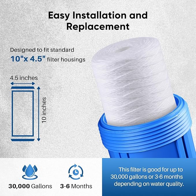 PUREPLUS 25 Micron 10 x 4.5 Whole House String Wound Sediment Filter for Well Water, Replacement Cartridge for 84637, WPX5BB97P, PC10, CW5-BBS, 355215-45, WP10BB97P, WP5BB97P, 4Pack