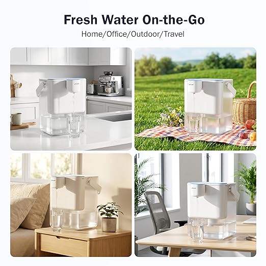 Frizzlife MD40 Rechargeable Water Filter Dispenser with 2 Filters Pre-Installed, Certified Reduce 99.89% of Chlorine, 400-Gallon/6 Months Water Pitcher, Extra 4 Filter Replacements
